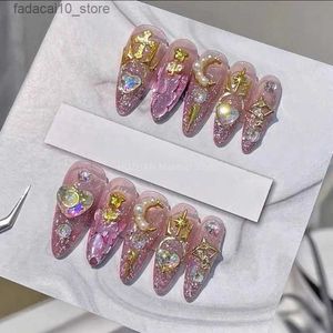 Faux ongles faits à la main rose pailleté Y2K faux ongles avec colle détachable luxe faux ongles conseils réutilisables presse sur ongles cercueil manucure Art Q240122