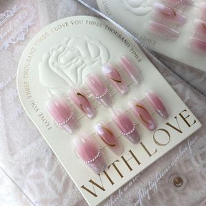 Faux ongles faits à la main rose presse sur longue fée adhésif réutilisable avec Design coréen dégradé acrylique pleine couverture ongles conseils