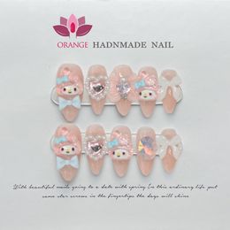 Valse nagels handgemaakte roze pers op nagels schattige Korea herbruikbare decoratie nep nagel vol cover kunstmatige manicuree draagbare oranje nagelwinkel 230821