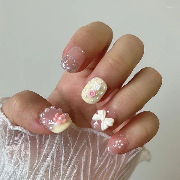 Uñas postizas hechas a mano, 10 Uds., bonitas y cortas Kawaii, puntas de cobertura completa, puntas de uñas acrílicas artificiales reutilizables para niña