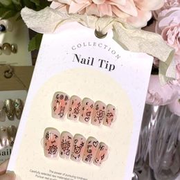 Faux Ongles Presse À La Main Sur Glace Transparent Rose Fille Mignonne Enfant Graffiti Court T Forme Avec Un Design Doux Et Belle Pour Girly