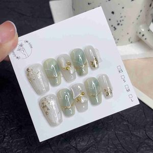 Faux ongles pressés à la main sur les ongles Nuage vert Jade Dégradé carré moyen Pure Désir Amovible Blanc Doux avec Élégant.No.24601 Q240122