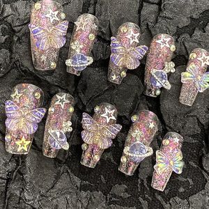 Falsas Nails Hecho a mano Purple Glitter Butterfly Fake Nail con pegamento Bling Press en Y2K Consejos de ataúd reutilizables Regalo 230909