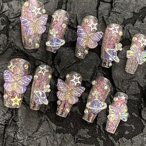 Faux ongles fait à la main violet paillettes papillon faux ongles avec colle Bling presse sur Y2K réutilisable cercueil conseils cadeau 230704