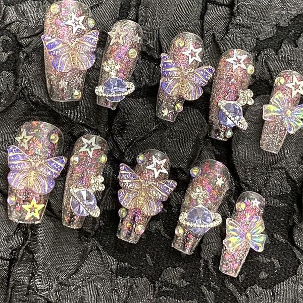 Uñas falsas hechas a mano morada brillo de mariposa de mantequilla de diamantes de renovado