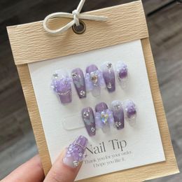 Faux ongles faits à la main, violets, à pression avec paillettes, réutilisables, colle française, pointes d'ongles naturelles, Nail Art Y2k
