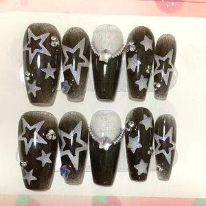 Kunstnagels Handgemaakte Shine Stars Y2K Druk op Glitter Fake Nail met lijm Herbruikbare korte doodskist Stiletto Tips 230909