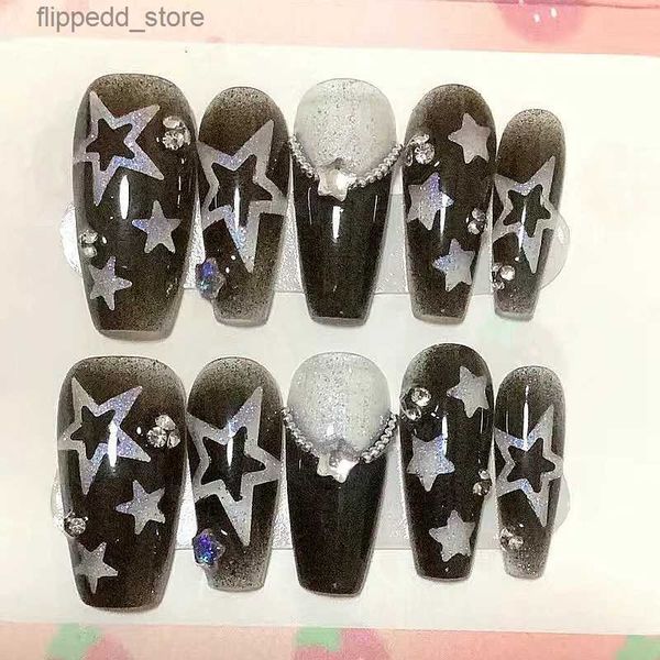 Uñas postizas Estrellas de brillo hechas a mano Y2K Presione en las uñas Brillo Rhinestone Uñas postizas con pegamento Reutilizable Ataúd corto Stiletto Puntas de uñas postizas Q231114