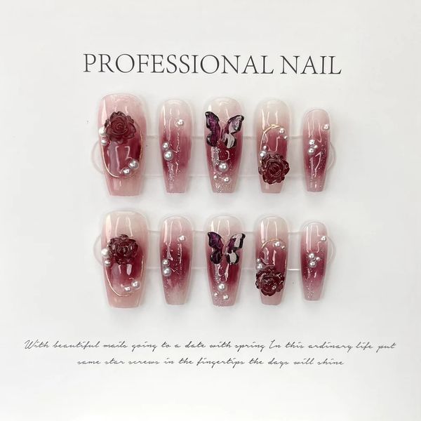 Faux ongles faits à la main court vin rouge presse avec conception 3D ongles artificiels réutilisables faux avec colle Y2k Nail Art pour filles 231204