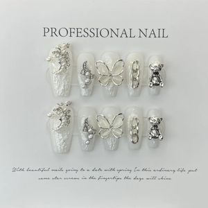 Faux ongles faits à la main blanc mat luxe cercueil presser avec design adhésif réutilisable coréen pointe d'ongle pour les filles 231204