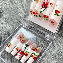 Kunstnagels Handgemaakte Y2K 3XL Volledige dekking nageltips Cherry Flower Press On Herbruikbare XXL Lange nep met lijm Cadeau 230909