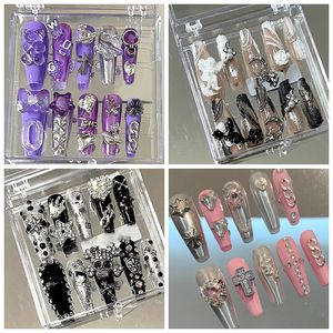 Uñas postizas hechas a mano Y2K Long Coffin Tips Glitter Press On Punk Style Reutilizable Short Fake Nail con pegamento Regalo 221031