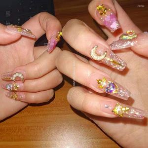 Faux ongles faits à la main Y2K rose pailleté faux ongles avec colle réutilisable amande cercueil conseils strass presse sur bricolage manucure