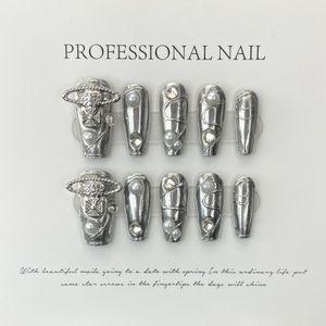 Valse nagels Handgemaakte Y2k Press on Nails Long Punk Mentalic Silver Adhesive False Nail Full Cover Coffin Artifical Stick-on Nail Tip Nail Art 230609