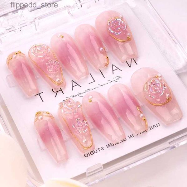 Uñas postizas Trabajo hecho a mano Presione en las uñas Conjunto de uñas falsas con pegamento Formas de extensión de gel Pasta de flores para mujeres Arte de uñas reutilizable artificial usable Q231114