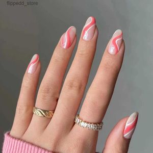 Kunstnagels HEALLOR 24 stuks glanzende kunstnagels roze witte golflijnen nepnagels voor vrouwen en meisjes nepnagelpatch opdruknagels MH88 Q231114