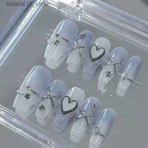 Kunstnagels Hoogwaardig handmatig handwerk Halo verven Blauw Fris Mooi hart Steen Nepnagels Strass Prachtige druk op nagels Volledige nageltips Q240122