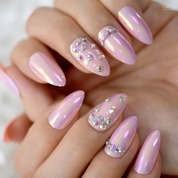 Uñas postizas Uñas artificiales de alta calidad Puntas de uñas Rosa claro con diamantes de imitación Espejo falso Punta de cubierta completa 24 piezas Prud22