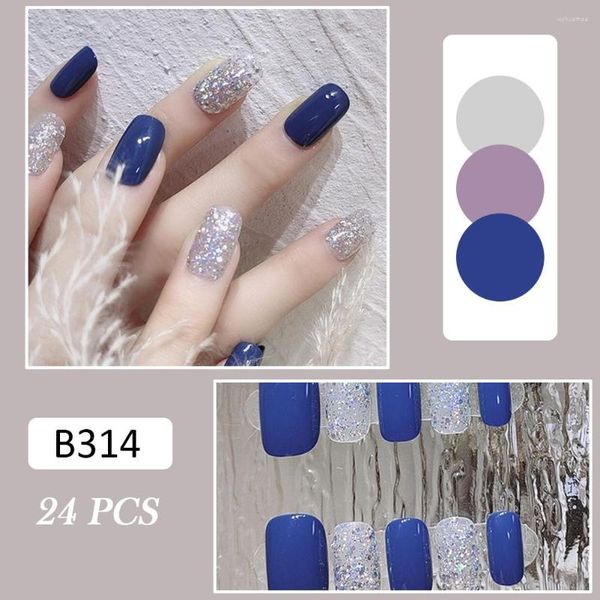 Faux Ongles Haute Qualité Brillant Bleu Sparkle Art Design Court Couverture Complète Ongles Pièce Finie Artificielle