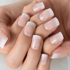 Faux ongles Holo Bling papillon paillettes rose nu blanc français faux Squoval carré presse sur l'usure doigt Nail Art conseils