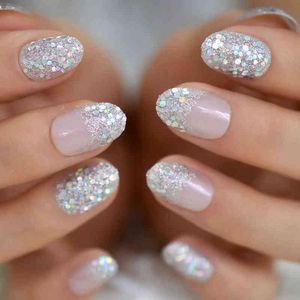 Uñas postizas holográficas plateadas con purpurina prensa en las uñas estilo corto uso diario rosa desnuda dama forma ovalada falsa Nail Art Tips 220225