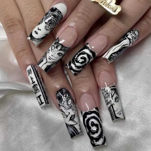 Faux Nails Horror Manga Gothic Style Faux Nails Black Blanc Anime Nail Art Presse sur les ongles Accessoires Nail Populaires Faux Nails Tips T240507