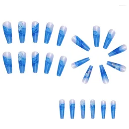 Faux Nails Ice Cracked Blue Rose Long Cercin Nail Tips Docuable Presse sur la manucure de bricolage paillettes