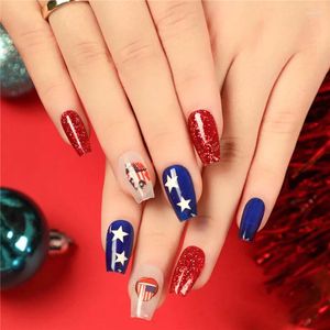 Faux ongles Jour de l'indépendance USA Art français court bleu rouge faux presse sur carré couverture complète cercueil fini ongles