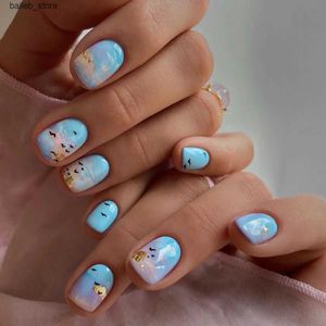 Faux ongles ins clair bleu faux pointes ongles meas miw motif de faux ongles courts coréens girl dame press on cloue portable ongles artificiels 24pcs y240419 y240419