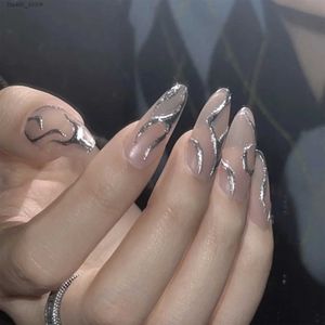 Valse nagels ins -stijl valse nagels met zilveren lijn gedrukt langdurige draagbare nepnagels voor vingernagelbenodigdheden 24 -stcs kunstmatige nagels y240419