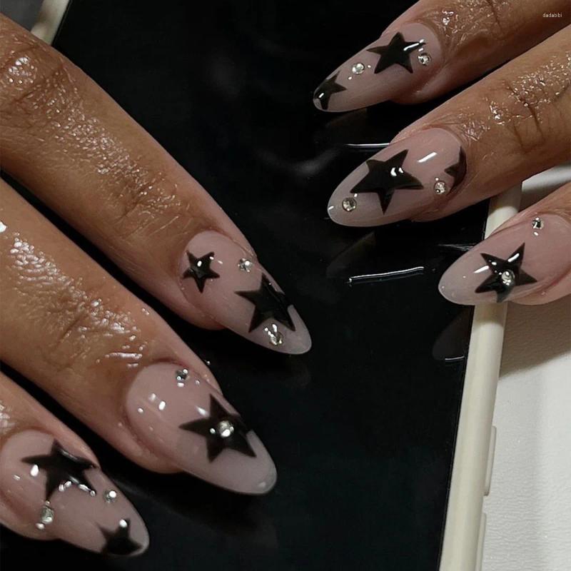 Falsas Nails Ins Y2k Fake Almond Head Black Pentacle Star Nail Patch Girl Mujeres Wearable Cubierta completa Artificial 24pcs