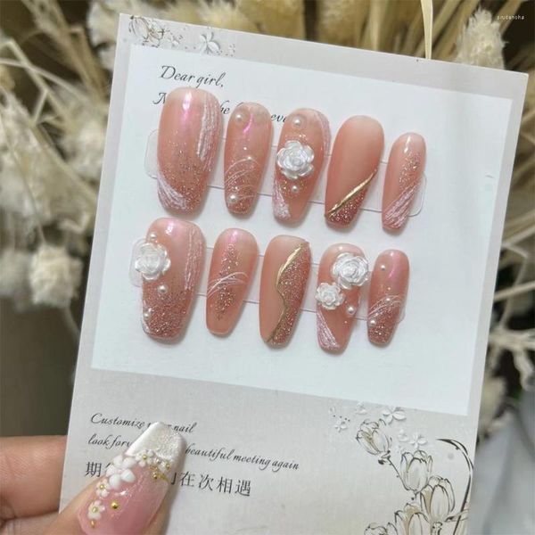 Faux Ongles Ensemble Japonais Appuyez Sur Ongle De Cercueil Moyen En Acrylique À La Main Avec Des Fleurs 3D Designs Charms Mariage Artificiel Pour La Mariée