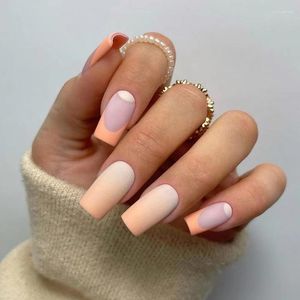 Valse nagels JP2403 Oranje Ombre Matte vierkante nageltips French Fake Set Druk op medium lengte