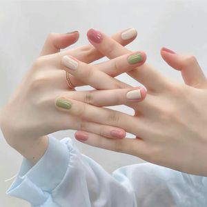 Faux ongles de style coréen, frais et colorés, court et rond, patch pour étudiant, dissolvant amovible