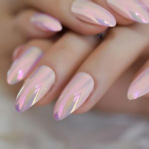 Valse nagels licht roze amandel holografische nagelkunst medium spiegel lijmlijsten tips glanzende 24 stuks prud22