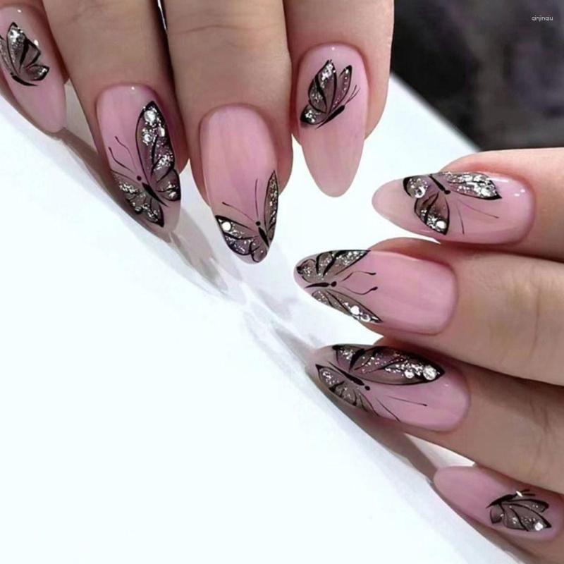 False Nails Long Almond Manicure Purple White Lines Black Butterfly Nail Tips Detachable French Press On DIY