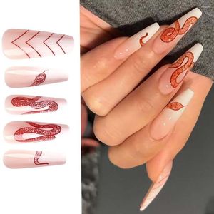 Faux Nails Long Ballerina Fashion Gradient Red Snake Pattern Fake French Full Cover Press sur DIY