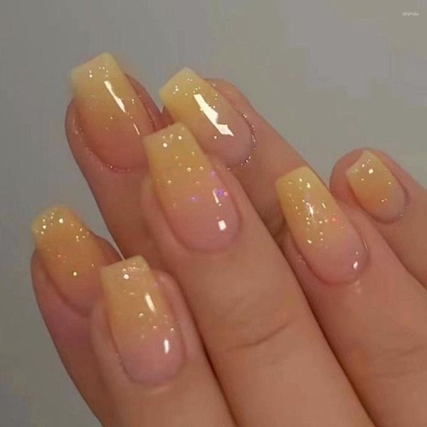 Faux ongles longs ballerine française paillettes pointes d'ongles dégradé rose presse détachable sur les femmes filles