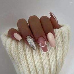 Faux ongles longs ballerine français bord argenté presse sur couverture complète pointes d'ongles détachables bricolage