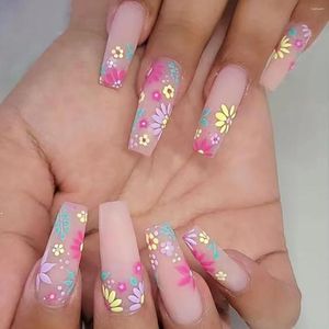 Faux ongles longs ongles de ballet fleur multicolore portant un autocollant européen et américain blanchissant