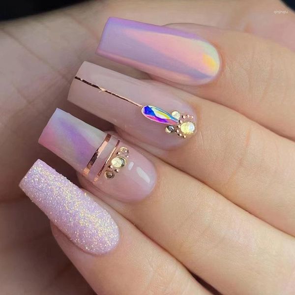 Uñas Falsas Estilo Ballet Largo Con Pedrería Aurora Púrpura Lavanda