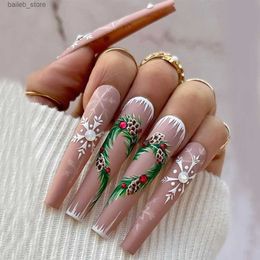 Valse nagels lange kist roze valse nagel sneeuwvlok patroon ontwerp kunstmatige nagel kerstfull cover draagbare nep nagels tips xmas geschenken y240419