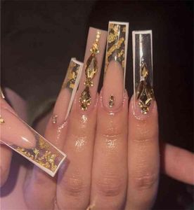 Uñas falsas ataúd larga bailarina portátil de oro falsa torre de oro de lujo diamante nude brillo de cubierta completa puntas de uñas establecidas presionar el 06161569188