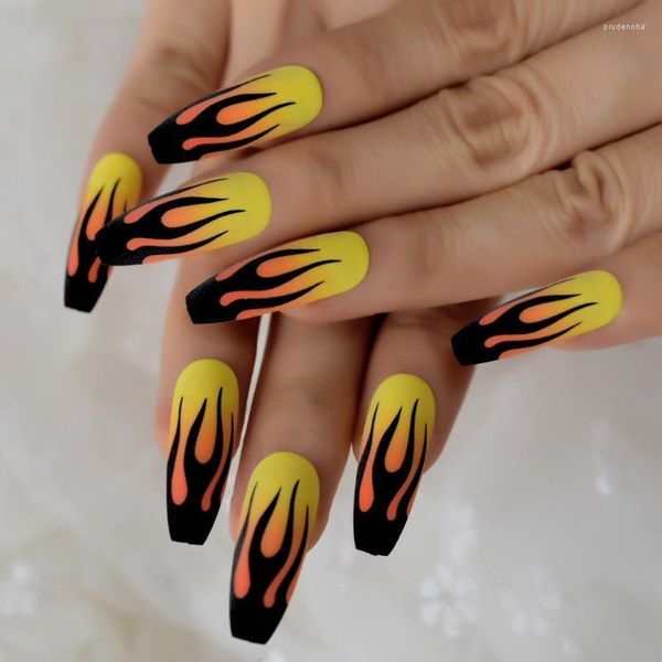 Uñas postizas Long Fire Coffin Nail Tips Flame Yellow Full Ballerina Matte Unique Cool Sets 24Ct Prud22