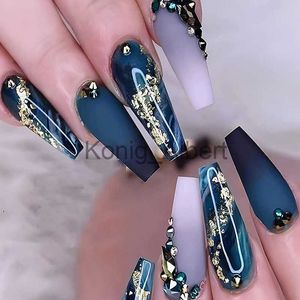 Valse nagels lange gradiënt blauw valse nagels gouden folie draagbare nagelstickers met strass afneembare nep nagels druk op nagels manicure x0822