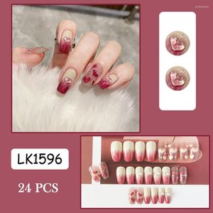 Faux ongles long dégradé coeur doux couverture complète faux ongles conseils pour femmes fille gelée artificielle Gel/Type de colle 24 pièces DIN889