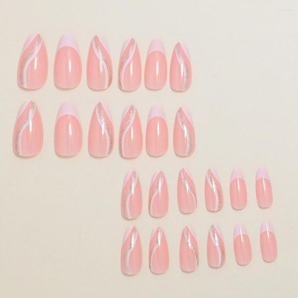 Uñas postizas Gel de larga duración falso con adhesión instantánea Kit de manicura con brillo de lentejuelas brillantes para mujeres rosa-blanco