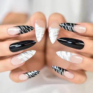 Kunstnagels Lange Leopar Style Stiletto Extra grootte Druk op Franse Top Design Fake Art Volledige dekking Manicure thuis Vingernagels