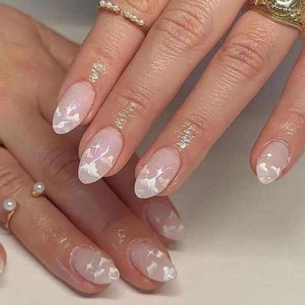 Uñas postizas ovaladas largas desmontables francesas Aurora Couds puntas de uñas brillo cubierta completa falsa para salón