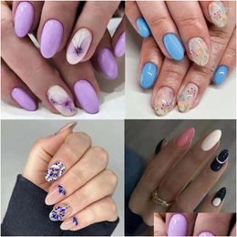 Falsas Nails Long Oval Fashion French Blue Flowers Fake Purple Butterfly Fl Er Consejos de uñas para DIY Drop Entrega Salud Belleza Arte Salón Otrvr
